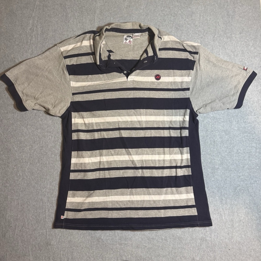 Vintage Mecca Polo Shirt Mens 3XL Gray Striped Y2K Baggy Navy Logo Collared